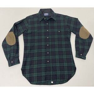 VTG Pendleton Wool Black Watch Tartan Black/Green Flannel Shirt Elbow Pads M USA